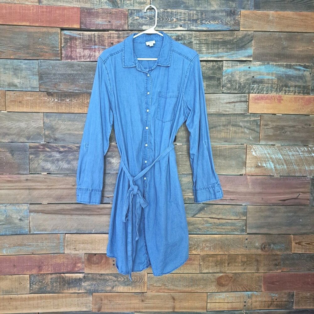 St John's Bay Womens Sz XL Blue Collared Long Sleeve Denim Chambray Shirt Dress